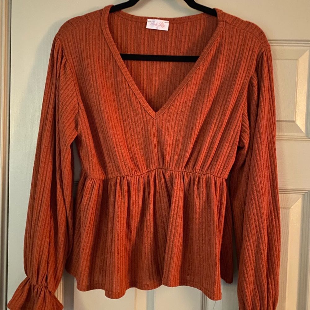 Pink Lily Rust V-Neck Peplum Blouse